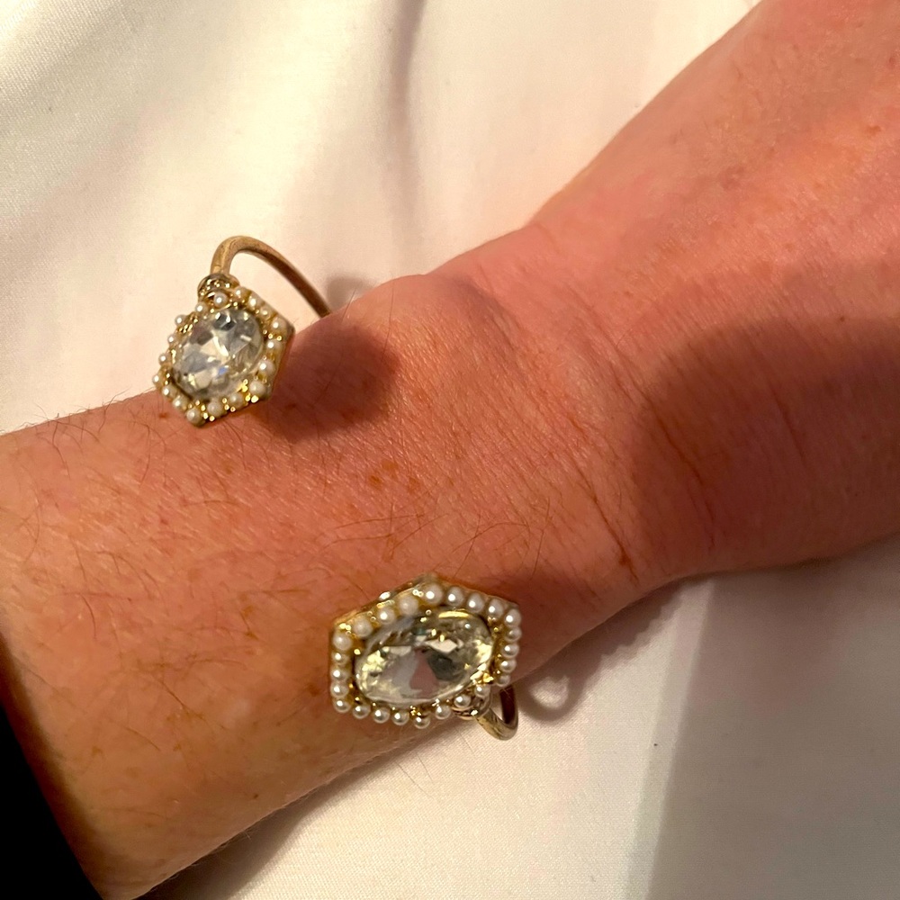 Gold pearl and crystal gem bangle.  No tarnishing